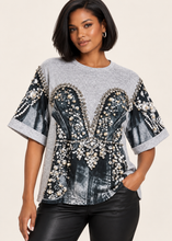 Load image into Gallery viewer, Crowned Glam Pearl & Rhinestone Graphic Top
