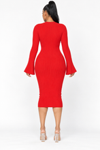 Load image into Gallery viewer, Crowned Scarlet Statement Bell-Sleeve Midi Dress