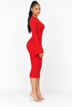 Load image into Gallery viewer, Crowned Scarlet Statement Bell-Sleeve Midi Dress