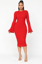 Load image into Gallery viewer, Crowned Scarlet Statement Bell-Sleeve Midi Dress