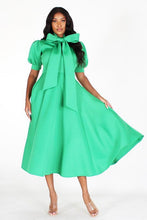 Load image into Gallery viewer, BUBBLE SLEEVE, NECK BOW, FIT AND FLAIR MIDI DRESS