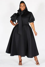 Load image into Gallery viewer, BUBBLE SLEEVE, NECK BOW, FIT AND FLAIR MIDI DRESS