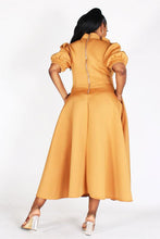 Load image into Gallery viewer, BUBBLE SLEEVE, NECK BOW, FIT AND FLAIR MIDI DRESS