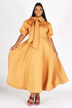 Load image into Gallery viewer, BUBBLE SLEEVE, NECK BOW, FIT AND FLAIR MIDI DRESS
