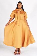 Load image into Gallery viewer, BUBBLE SLEEVE, NECK BOW, FIT AND FLAIR MIDI DRESS