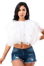 Load image into Gallery viewer, Ruffle Tulle Crop Top- Black, White and Fuchsia
