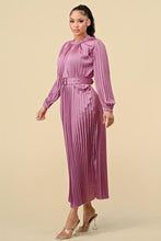Load image into Gallery viewer, SATIN PLEATED MOCK NECK LONG DRESS W/ NECK DETAILS
