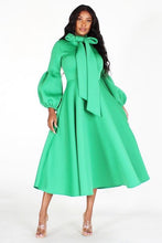 Load image into Gallery viewer, Solid Bow Tie, Puff Sleeve, Midi Dress
