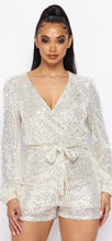 Load image into Gallery viewer, Long sleeved Sequin Romper with Self Tie Belt
