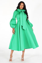 Load image into Gallery viewer, Solid Bow Tie, Puff Sleeve, Midi Dress
