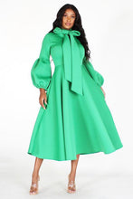 Load image into Gallery viewer, Solid Bow Tie, Puff Sleeve, Midi Dress
