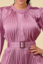 Load image into Gallery viewer, SATIN PLEATED MOCK NECK LONG DRESS W/ NECK DETAILS
